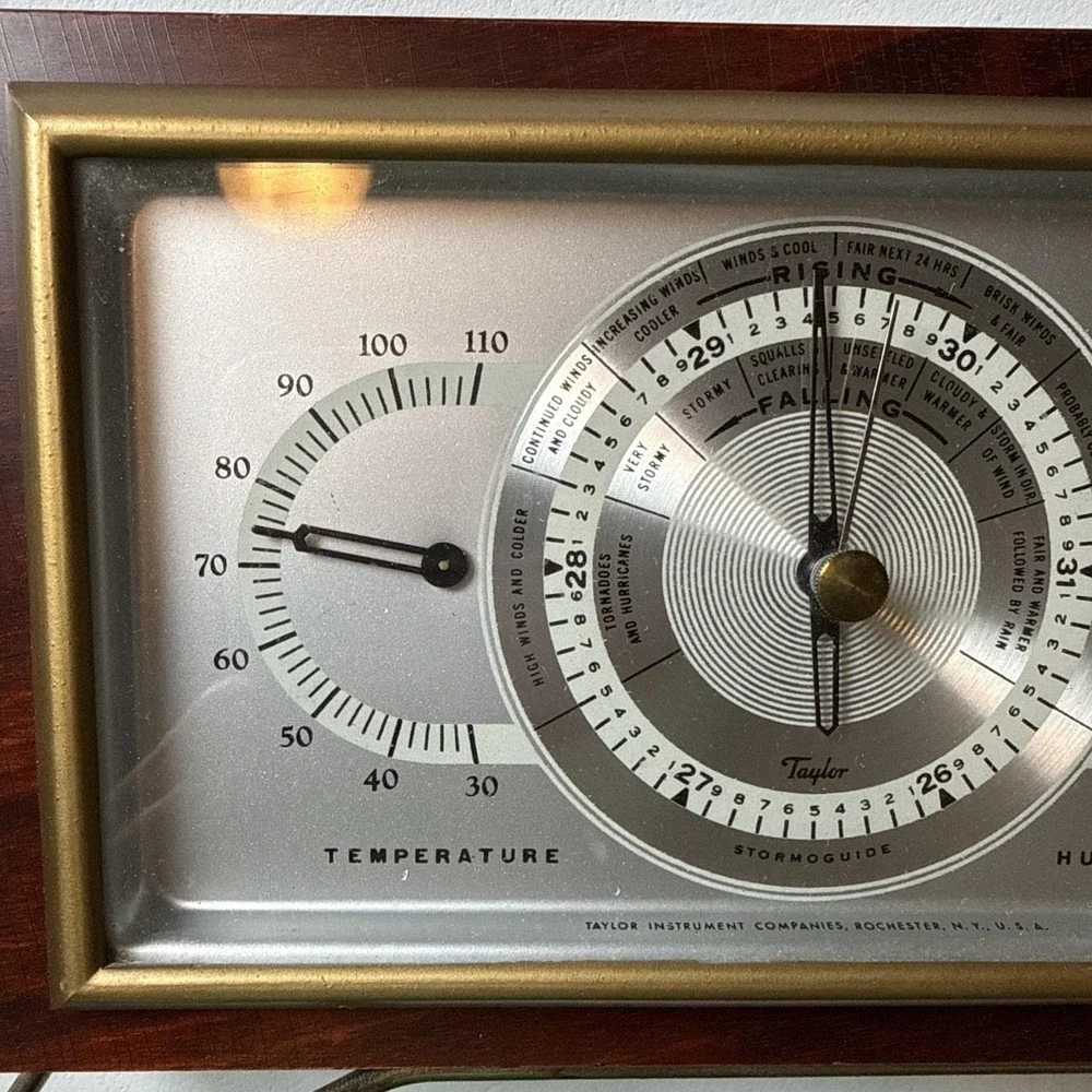 Vintage Taylor Mahogany Wood Desktop Compensated Barometer 3 Gauges